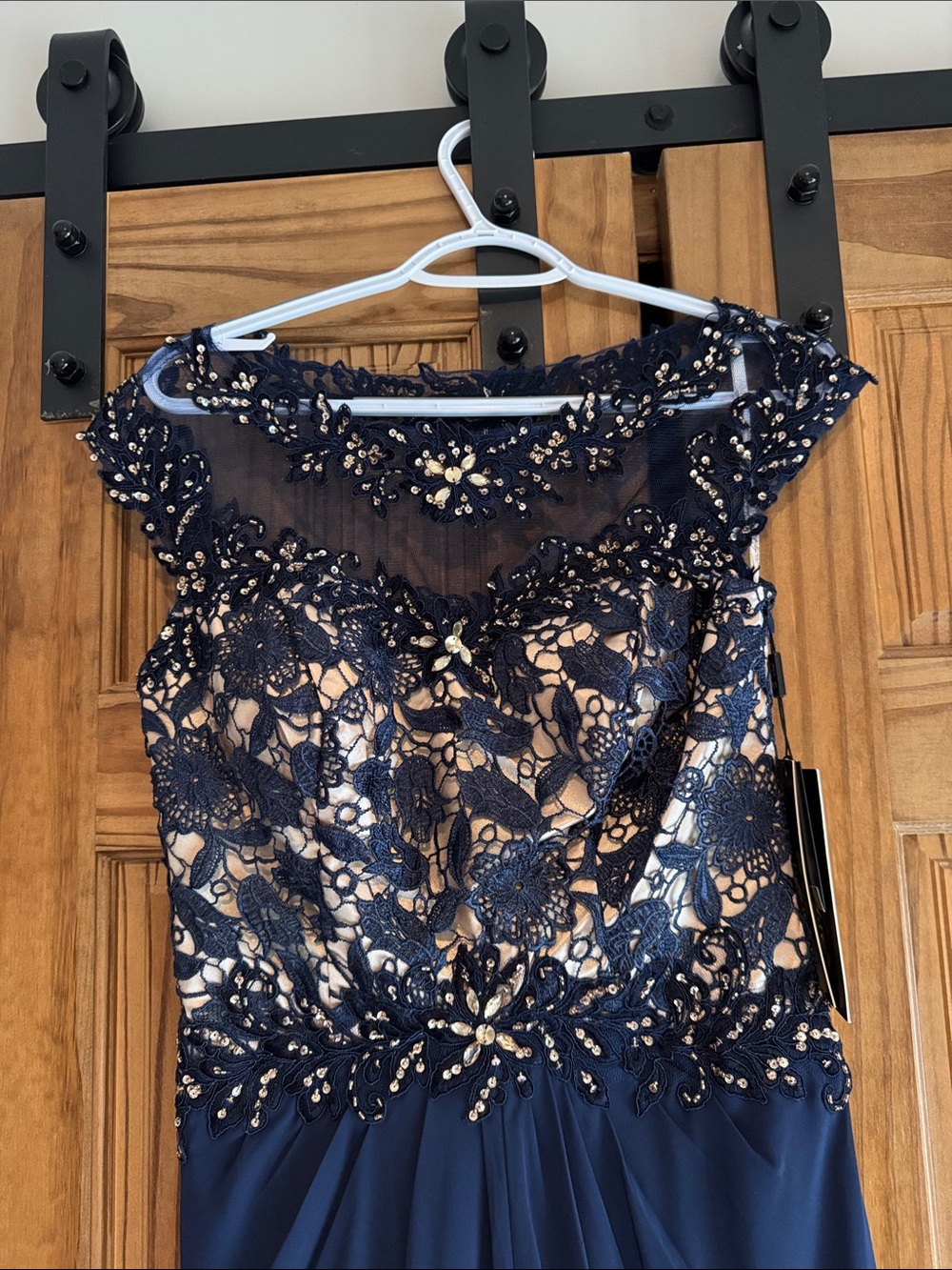 GLS Navy Floral Lace Evening Gown with Beaded Accents